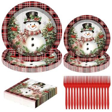 Imagem de QZYL 120 peças de louça de Natal, pratos e guardanapos de papel de Natal descartáveis, pratos de boneco de neve de 22,8 cm e 18 cm, suprimentos de festa de Natal vermelho e verde para reunião de
