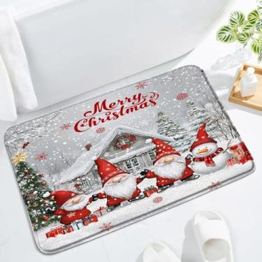 Imagem de LAEDCIITI Tapete de banho de gnomos de Natal, boneco de neve, vermelho, inverno, pinheiro, floco de neve, árvore de Natal em galhos, cinza, férias, feliz ano novo, conjunto de cortina de banheiro com