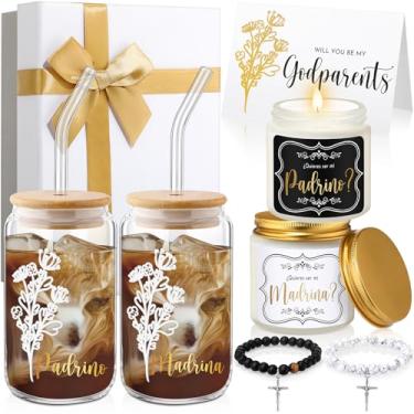 Imagem de Yiyiring Conjunto de 9 peças de presente de pedido de padrinhos Will You Be My Godmother Godfather copo de vidro vela perfumada cruz pulseira caixa de cartões de presente de padrinho batismo padrino