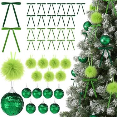 Imagem de Poen 64 peças de enfeites de Natal, 16 bolas de Natal e 48 laços de árvore de veludo, enfeites de bola de Natal de 5,9 cm, laço de guirlanda vintage para festa de Natal, árvore e suprimentos