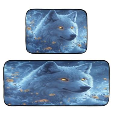Imagem de STAYTOP Tapete de cozinha de lobo branco com olhos brilhantes, 2 peças, tapete de entrada frontal, antiderrapante, alivia a fadiga, lavável, tapete para cozinha, quarto, varanda