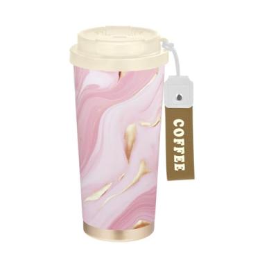 Imagem de YETTASBIN Caneca de café de mármore com isolamento térmico de 482 g com tampa canudo, copo à prova de derramamento e vazamento com alça para bebida quente e fria, garrafa de água de aço inoxidável