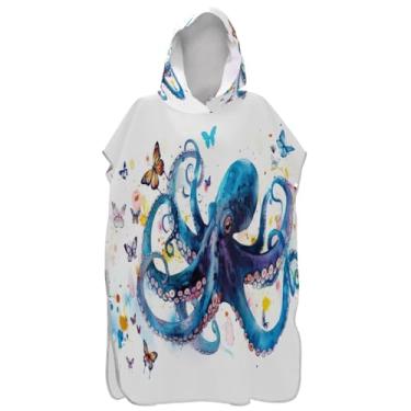 Imagem de Joisal Roupão para adultos poncho de surfe praia banho com capuz toalhas plus size adulto ponchos para mulheres polvo azul aquarela
