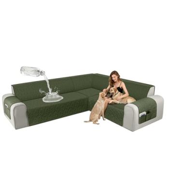 Imagem de ALIECOM Capas de sofá seccionais de canto, à prova d'água, laváveis, em forma de L, capa de sofá, geométrica, jacquard, capa para móveis com alça ajustável para cães de estimação (GG, verde-oliva)