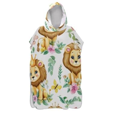 Imagem de Poncho de surfe trocador de roupão para adultos toalha de banho com capuz bonito ponchos de praia absorventes para homens lindos leões coroas flores