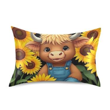 Imagem de King Queen Fronha padrão desenho animado highland vaca girassol fronhas de cetim para cabelo bonito roupa de cama refrescante decoração de casa king size 101,6 cm x 50,8 cm