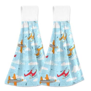 Imagem de Toalhas de mão personalizadas fofas de avião helicóptero céu azul primavera com laços pendurados conjunto de 2 toalhas de cozinha decorativas absorventes, 46 x 35 centímetros