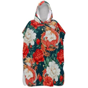 Imagem de Joisal Poncho de surfe para adultos trocador de roupa de praia com capuz toalha de banho reutilizável masculino poncho com capuz dragão chinês vermelho peônias brancas