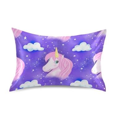 Imagem de Fronhas refrescantes estampadas unicórnio rosa juba roxa nuvem cetim arte fofa padrão king queen fronhas para cabelo king size 101,6 cm x 50,8 cm