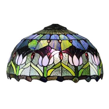 Imagem de Cúpula de abajur de 40 cm (16 polegadas) em formato de tulipa, estilo Tiffany com estampa floral em vitral, design tradicional antigo. Ideal para abajures de mesa, pendentes e luminárias de