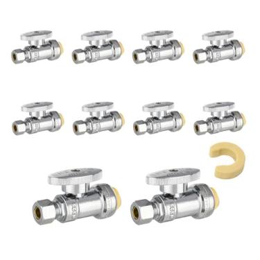 Imagem de Pacote com 10 válvulas de parada push fit, válvula de suprimento de água reta de 1/4 de volta, 1/5.1 cm push x 3/20.3 cm OD válvula de fechamento de pia reta de compressão, latão cromado para bidê