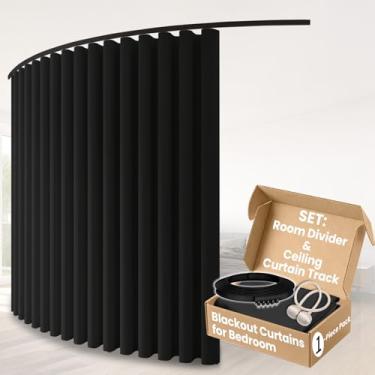 Imagem de Sovtfides Cortinas blecaute para quarto, preto 1 painel L 105 x C 106 pol + faixa de cortina de teto flexível preta 3 m, divisória de quarto, divisória de privacidade com isolamento térmico