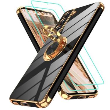 Imagem de Gritup Capa para Samsung Galaxy S21 FE | 2 peças protetoras de tela | Suporte magnético de rotação de 360°, capa protetora à prova de choque de TPU macio com borda dourada banhada a ouro para S21 FE