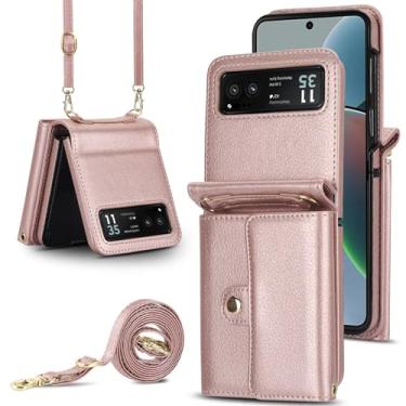 Imagem de Capa carteira para Motorola Razr 40, porta-cartões com bloqueio RFID e alça destacável, couro durável e TPU, 4 compartimentos para cartão, proteção contra quedas, capa flip com suporte para uso diário