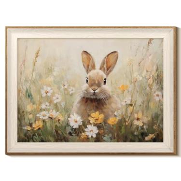 Imagem de InSimSea Arte de parede em tela emoldurada impressões engraçadas de coelhinho da Páscoa decoração de parede coelho fofo em flores silvestres decoração de quarto floral primavera arte para quarto de