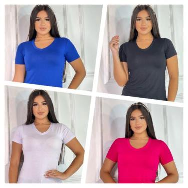 Imagem de Kit 4 Blusas Femininas Gola V Manga Curta - Basicamente., Pink, Preto,