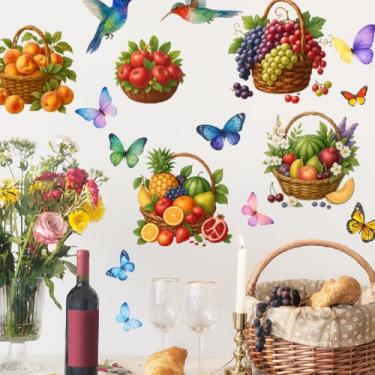 Imagem de SUPERDANT Adesivos de parede para cesta de frutas e vegetais e pássaros, uvas, melancia, pêssego, abacaxi, decalques de parede, adesivos artísticos, decoração de vinil, decoração de arte para sala de