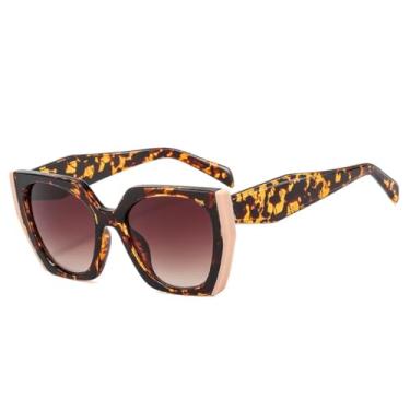 Imagem de Óculos de Sol Femininos Estilo Olho de Gato com Lentes Poligonais e Degradê Transparentes, Proteção UV400 e Tamanho Masculino (Estampa de Leopardo Bege Chá)