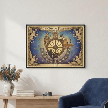 Imagem de Quadro Carta Tarot Gatos Roda Fortuna 70X50Cm Mold Branca - Quadros On