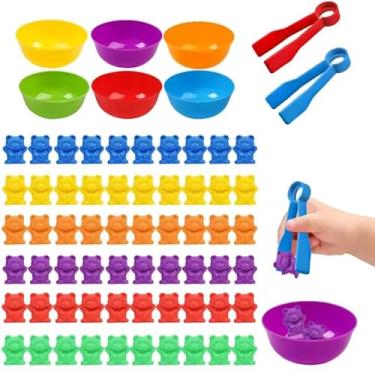Imagem de Jogo de Contagem de Ursos com Tigelas Coloridas e Pinças, Brinquedo Educativo de Classificação de Cores para Crianças Pré-Escolares, 60 Ursos e 6 Tigelas