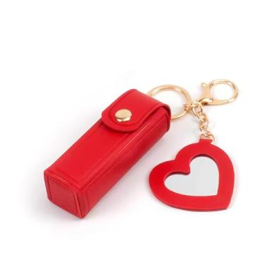 Imagem de Mini protetor labial portátil, porta-chaves, bolsa de couro PU com espelho, viagem, batom, armazenamento, cosméticos, estojo (vermelho)