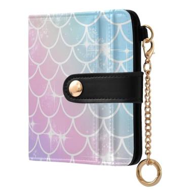 Imagem de STAYTOP Linda carteira feminina colorida com escamas de sereia com bloqueio de RFID, de couro macio, dobrável e compacta, porta-cartões com zíper, bolso para moedas, janela para identidade