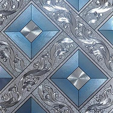 Imagem de QIHANG Papel de Parede Moderno Prata e Azul Mosaico Quadrada Treliça Fundo Flicker 53 cm L x 10 m G=5.3m²