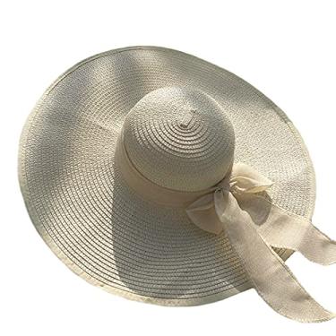 Imagem de Chapéus de sol de praia femininos, boné de palha de aba larga de verão chapéus de viseira de sol dobráveis de proteção UV, Bege, Tamanho �nica