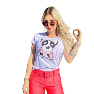 Imagem de Camiseta Feminina T-Shirts Branca Cachorrinho Curta Paetê - Donna Mart