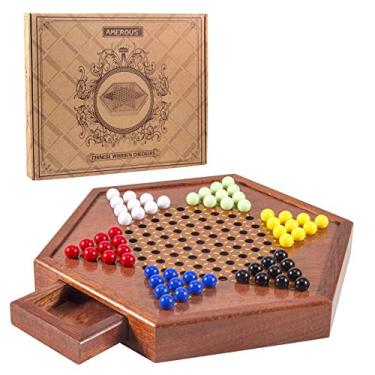 Imagem de AMEROUS Conjunto de xadrez chinês de madeira de 31,7 cm com gaveta de armazenamento – 60 bolinhas de acrílico em 6 cores – 12 bolas de gude de reserva, jogo de tabuleiro clássico de estratégia para crianças e adultos