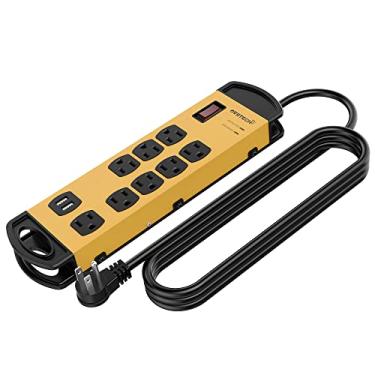 Imagem de Oviitech 8 tomadas montáveis resistentes filtro de sobretensão de metal com 2 portas de carregamento USB (2,4A), 1800 joules com cabo de extensão de 1,8 m, amarelo e preto, listado pela ETL