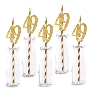 Imagem de Decoração de canudo de papel de aniversário de 49 anos, 24 unidades de números de corte de glitter dourado real Happy 49 anos canudos decorativos de festa
