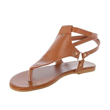Imagem de Chinelos de praia sapatos abertos com fivela sandálias femininas planas femininas dedo do pé de alça sandálias internas para mulheres 9 (marrom, 9)