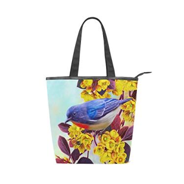 Imagem de Bolsa feminina durável de lona com flor de pássaro azul, bolsa de ombro para compras com grande capacidade