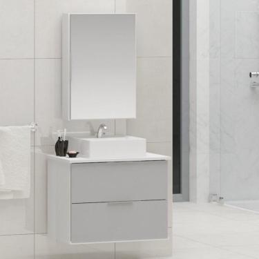 Imagem de Gabinete Banheiro 60cm com Cuba Sobrepor e Espelheira Rubi Gabinetes Joia Branco/Cinza