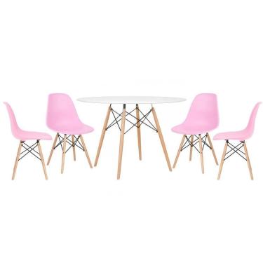 Imagem de Mesa Redonda Eames 120cm Branco + 4 Cadeiras Rosa Claro