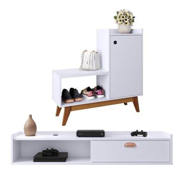 Imagem de Kit Quarto Sapateira Shoes Banquinho Pés Madeira Rack Suspenso Home Decor Sala Decoração Casa Branco - RPM Móveis