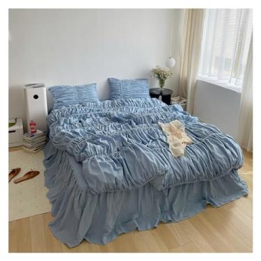 Imagem de Jogo de cama queen com lençol de cama de algodão plissado, tamanho casal, tamanho king, king, solteiro, lençol de cama (king azul)