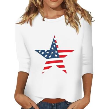 Imagem de 4th of July Camisetas femininas 4th of July Shirts Star Stripes 3/4 manga bandeira americana blusas soltas casuais, Branco #2, G