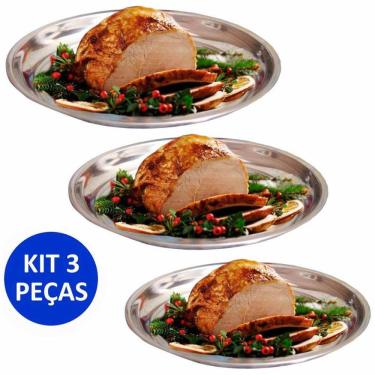 Imagem de Kit 3 Travessa Bandeja Redonda Rasa Inox 25, 30 e 35Cm Porção Bar Restaurantes Cozinha