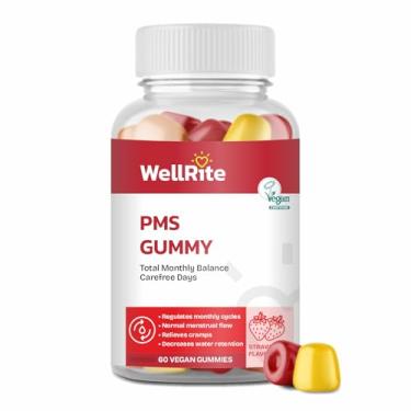 Imagem de Wellrite Vitaminas gomosas PMS que fornecem equilíbrio mensal total e dias despreocupados, 60 unidades, sabor morango, vegano, sem gelatina, sem glúten, sem nozes, alivia cãibras, fluxo menstrual
