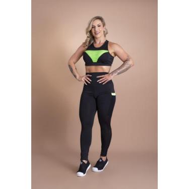 Imagem de Conjunto Fitness Feminino Calça Legging Cintura Alta Bolso Tela E Top 