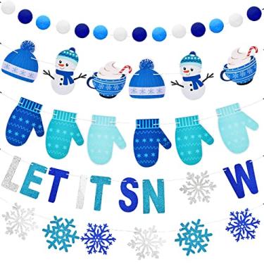 Imagem de 5 peças Let It Snow Banner Glitter Inverno Floco de Neve Banner Floco de Neve Floco de Neve Guirlanda de Lã Feltro Bola de Neve Luva de Guirlanda Pendurada Bandeira de Guirlanda para Feriado de Natal Decorações de Festa de Neve Decorações de Inverno