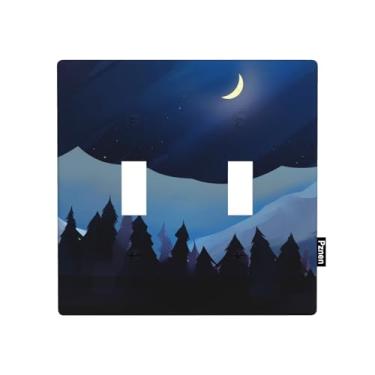 Imagem de Pznen Dark Woodland Night Double Toggle Covers Moon Woods Mountain Range 2 Gang Placa de parede decorativa capas de interruptor de luz banheiro quarto casa cozinha
