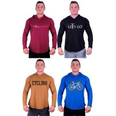 Imagem de Kit 4 Camisetas Manga Longa com Touca Longline Estampada Fitness Musculação Dia-a-Dia-Masculino