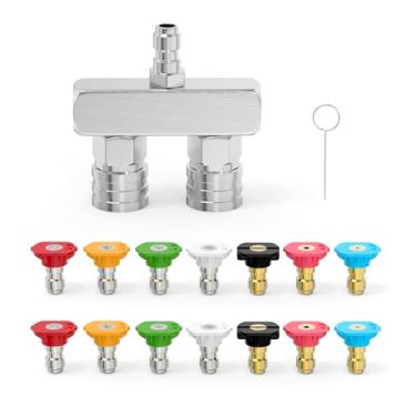 Imagem de MEANLIN MEASURE Bocal duplo de lavadora de alta pressão de aço inoxidável, ponta de bocal de arruela elétrica 2 em 1 com bicos de pulverização de lavadora de pressão de 14 peças, conexão rápida de 1/4