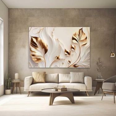 Imagem de Quadros Decorativos para Quarto Sala 130x90 Dourado Flores Branca Floral Arte Grande Escritório Hall