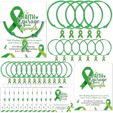 Imagem de Landical Pulseira de conscientização de saúde mental com pingente de fita banhada a metal, cartões motivacionais, pulseiras de fita de conscientização verde para homens e mulheres, presentes de mês de