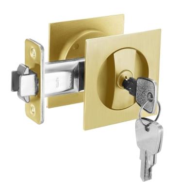 Imagem de Cozy Tower Fechadura de porta de bolso com chave, fechadura quadrada de hardware de porta de bolso para privacidade, fechaduras e puxadores de porta dobrável (ouro escovado)