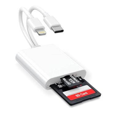 Imagem de Leitor de cartão SD para iPhone iPad, adaptador de cartão SD/micro SD 2 em 1, conector duplo (Lightning e USB-C) para cartões de memória SD e TF, visualizador de câmera de trilha sem necessidade de